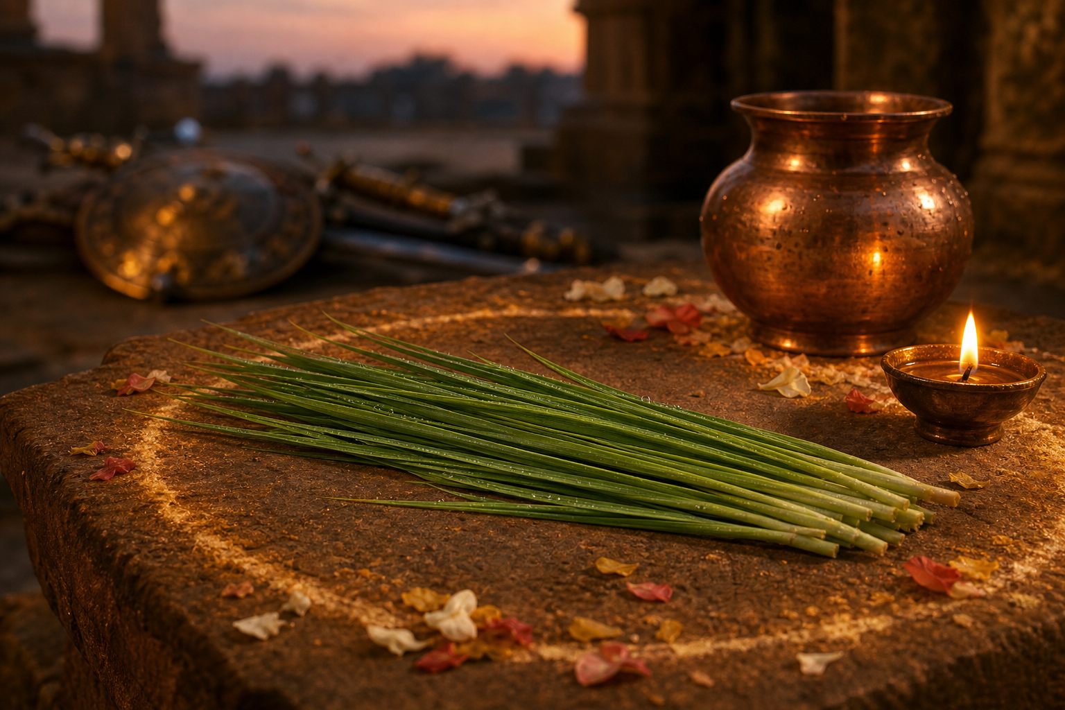 Darbha grass rests on an earthen altar beside an oil lamp and copper vessel, with ornate weapons blurred in the distance.