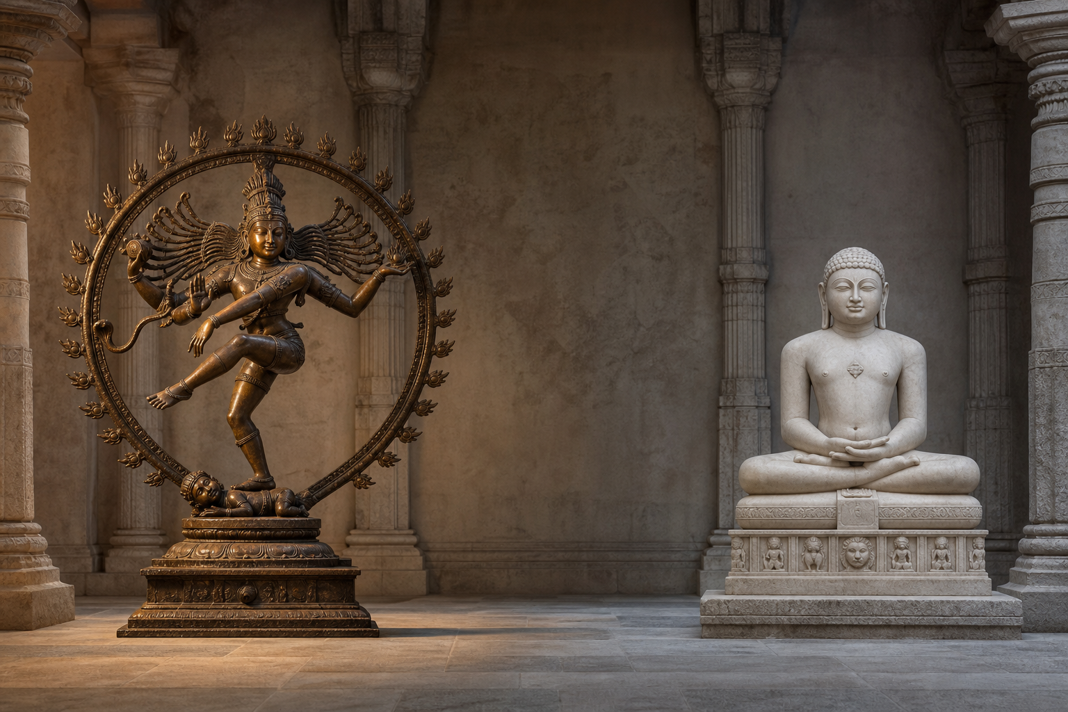 A dancing bronze Shiva and a meditating stone Jina occupy separate bays of a pillared hall, contrasting movement with stillness.