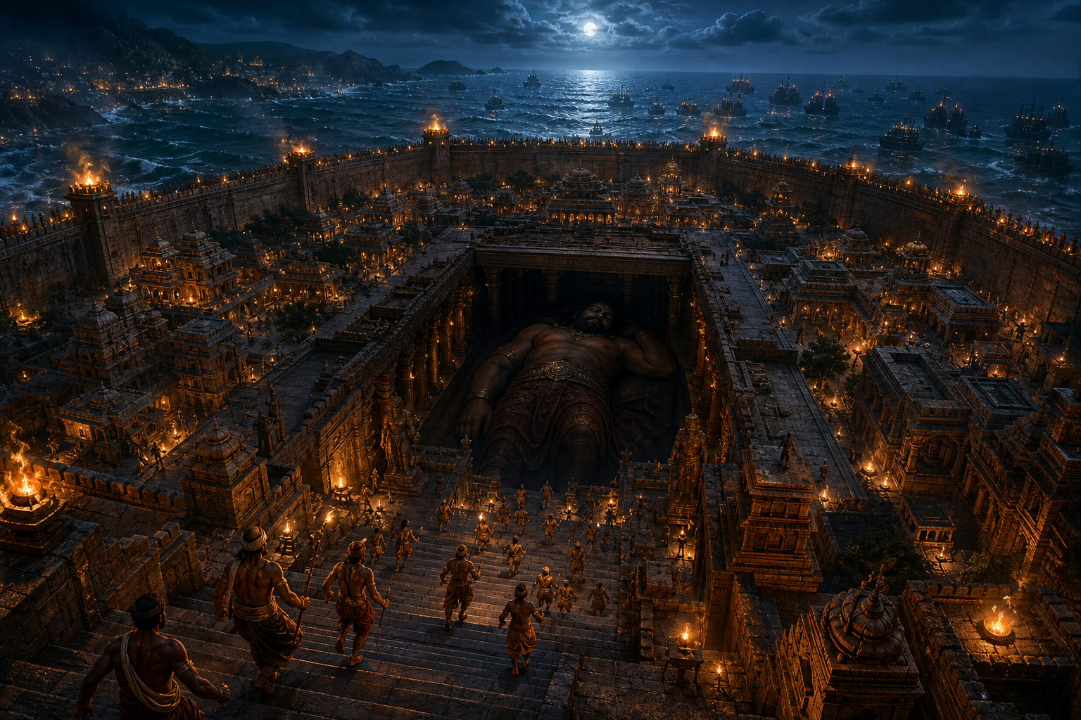 Kumbhakarna sleeps in a chamber at the center of Lanka while messengers rush inward and defenders gather along the threatened outer walls.
