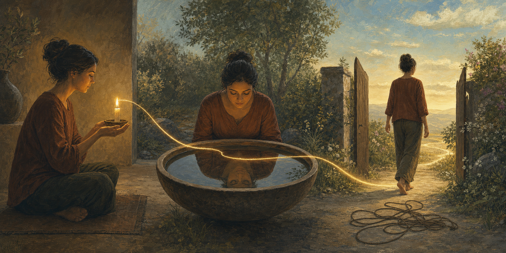 A continuous three-part scene shows a person attending to a flame, looking into still water, and walking freely through an open garden gate.