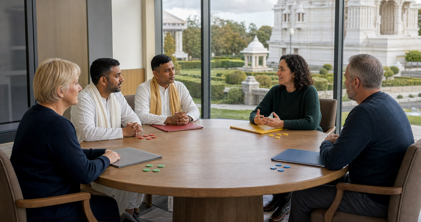 Temple representatives, a charity worker and local public-service staff discuss responsibilities around a round meeting table.