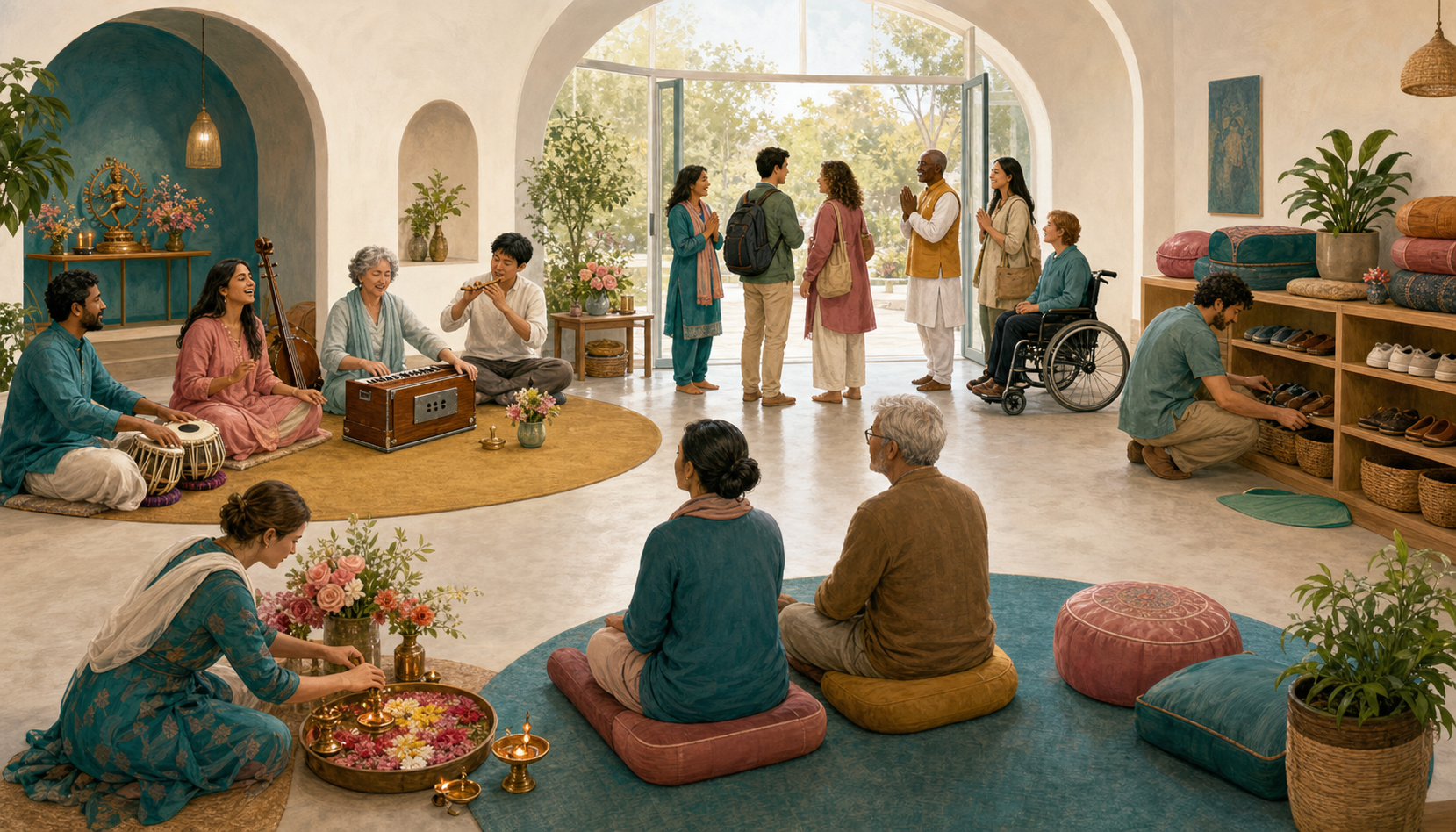Devotees sing, listen, welcome guests, tend flowers, and organize a shared hall in distinct but coordinated roles.