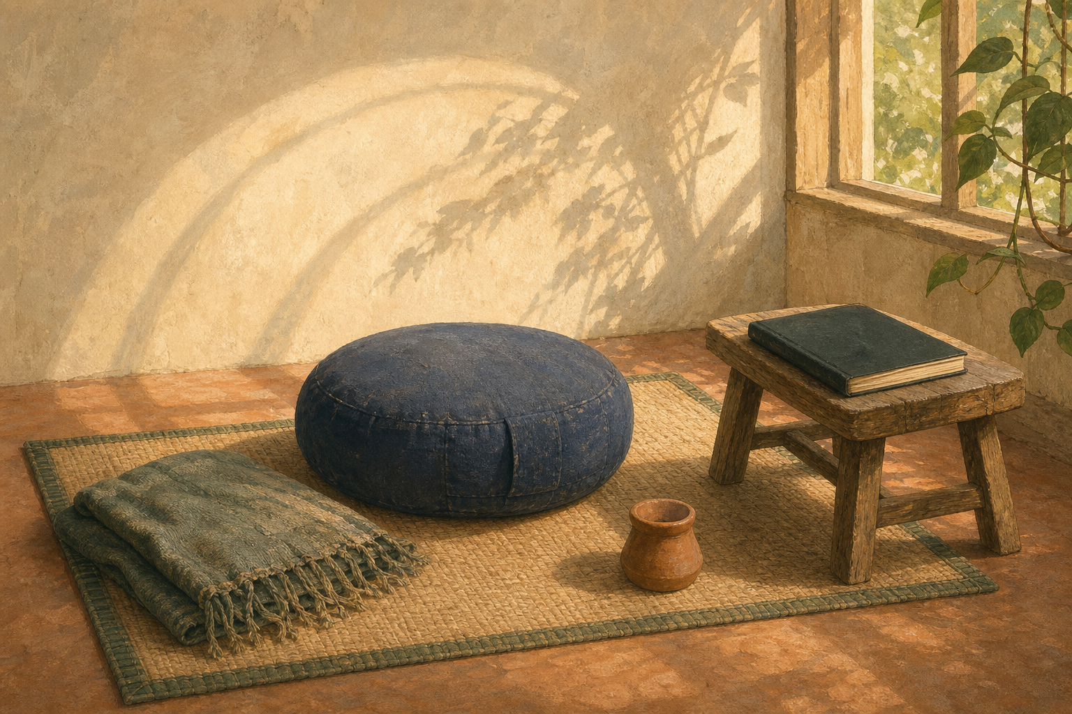 A well-used meditation cushion, folded shawl, closed notebook, and clay timer sit beside a window in repeated morning light.