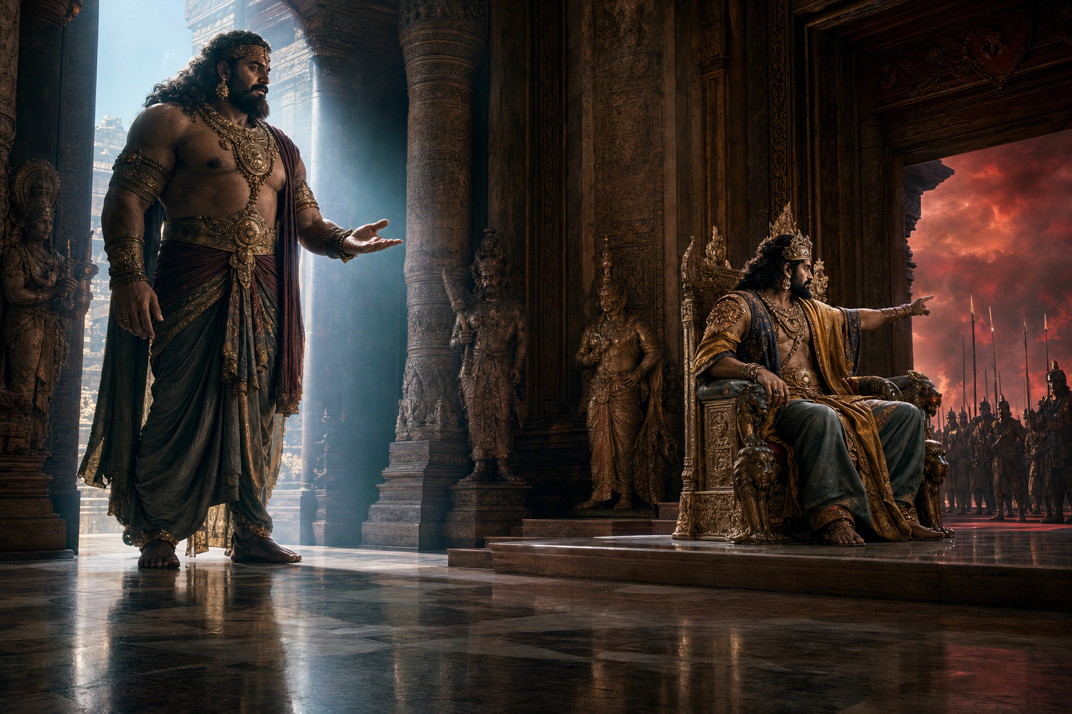 Kumbhakarna warns his enthroned brother in a palace hall while the ruler gestures toward weapons and a dark battlefield exit.