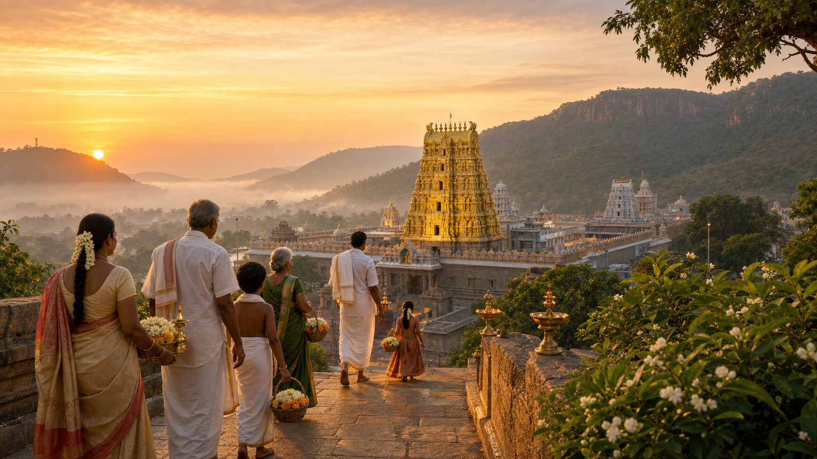 Pilgrims carrying flower baskets walk toward a Vaishnava temple complex in the Tirumala hills at sunrise.