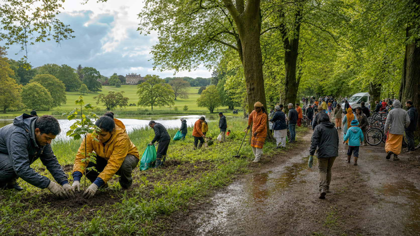 Temple volunteers, neighbours and environmental workers plant trees, clear litter and maintain paths across a country-estate landscape.