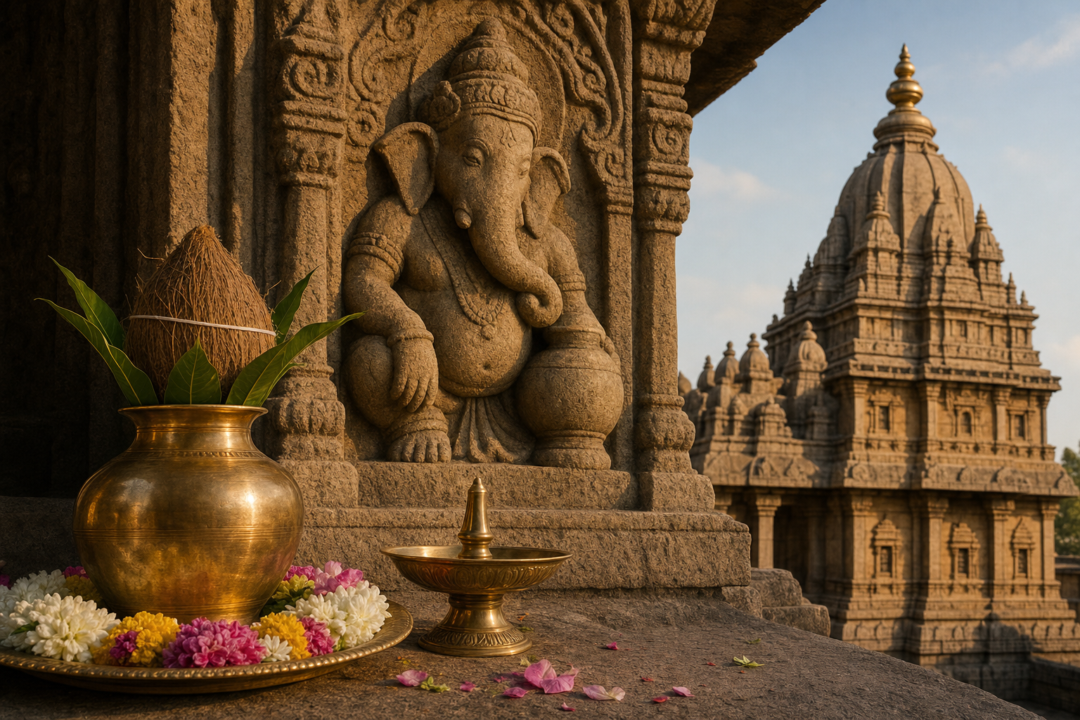 A ritual kalasha stands before a Ganesha stone relief, with a kalasha-shaped temple finial visible in the background.