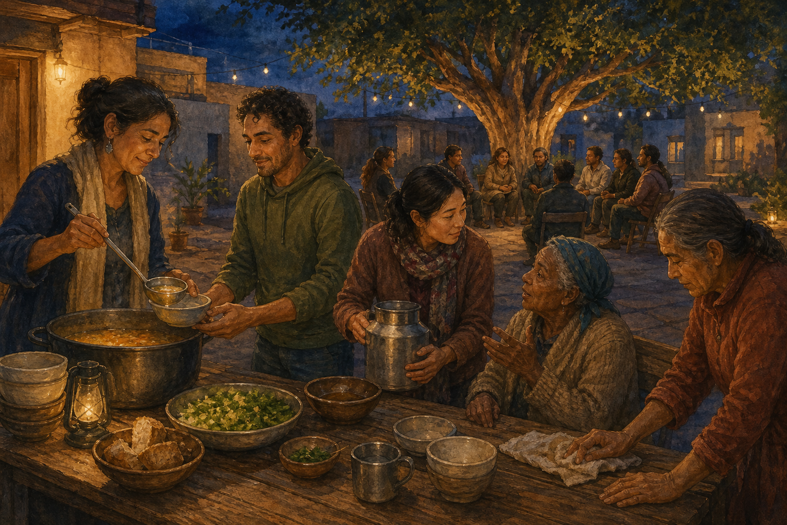 Adults prepare and serve a shared evening meal in a courtyard while a small group gathers beneath a tree in the background.