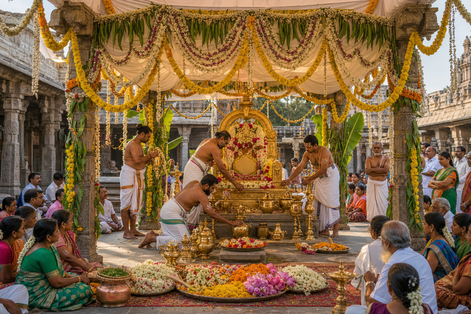 Priests arrange brass vessels and flowers in a decorated temple pavilion while pilgrims gather in a South Indian courtyard.