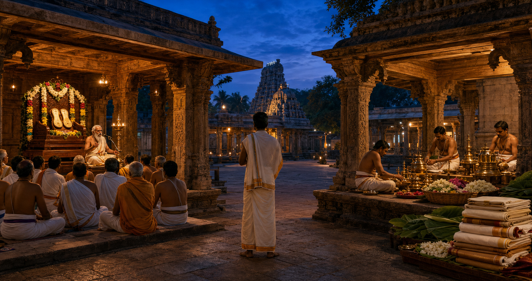 A pilgrim pauses between a remembrance gathering with sacred sandals and a separate pavilion where priests prepare ritual vessels.