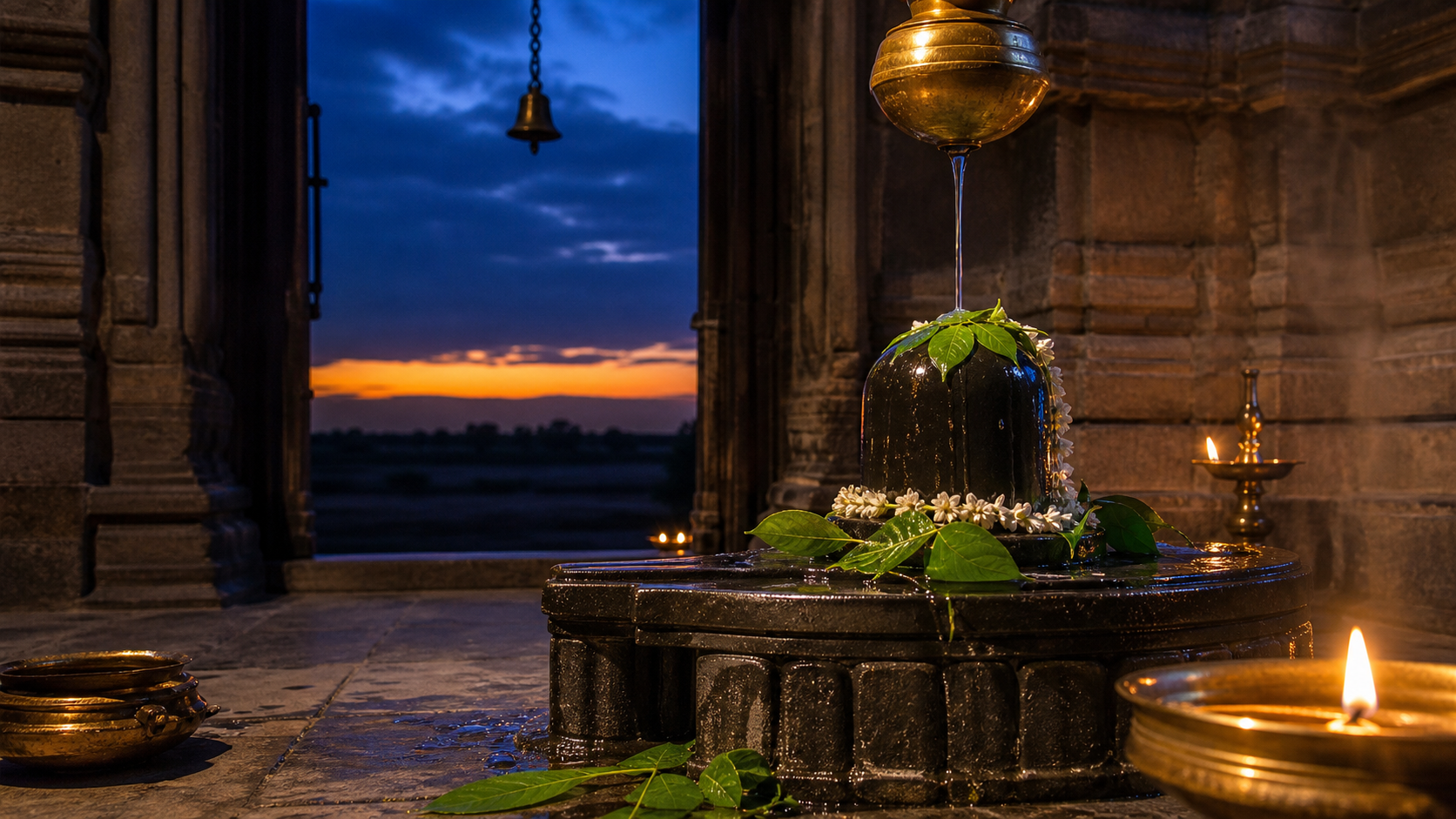 A Shiva lingam decorated with bilva leaves and white flowers beside glowing brass oil lamps as twilight appears through a temple doorway.