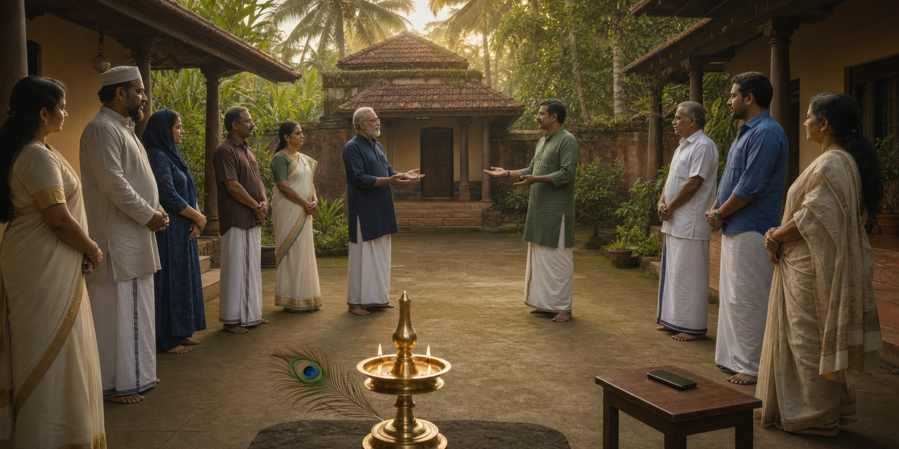 Kerala residents gather calmly around mediators in a courtyard, with a brass oil lamp, peacock feather, and face-down smartphone in the foreground.