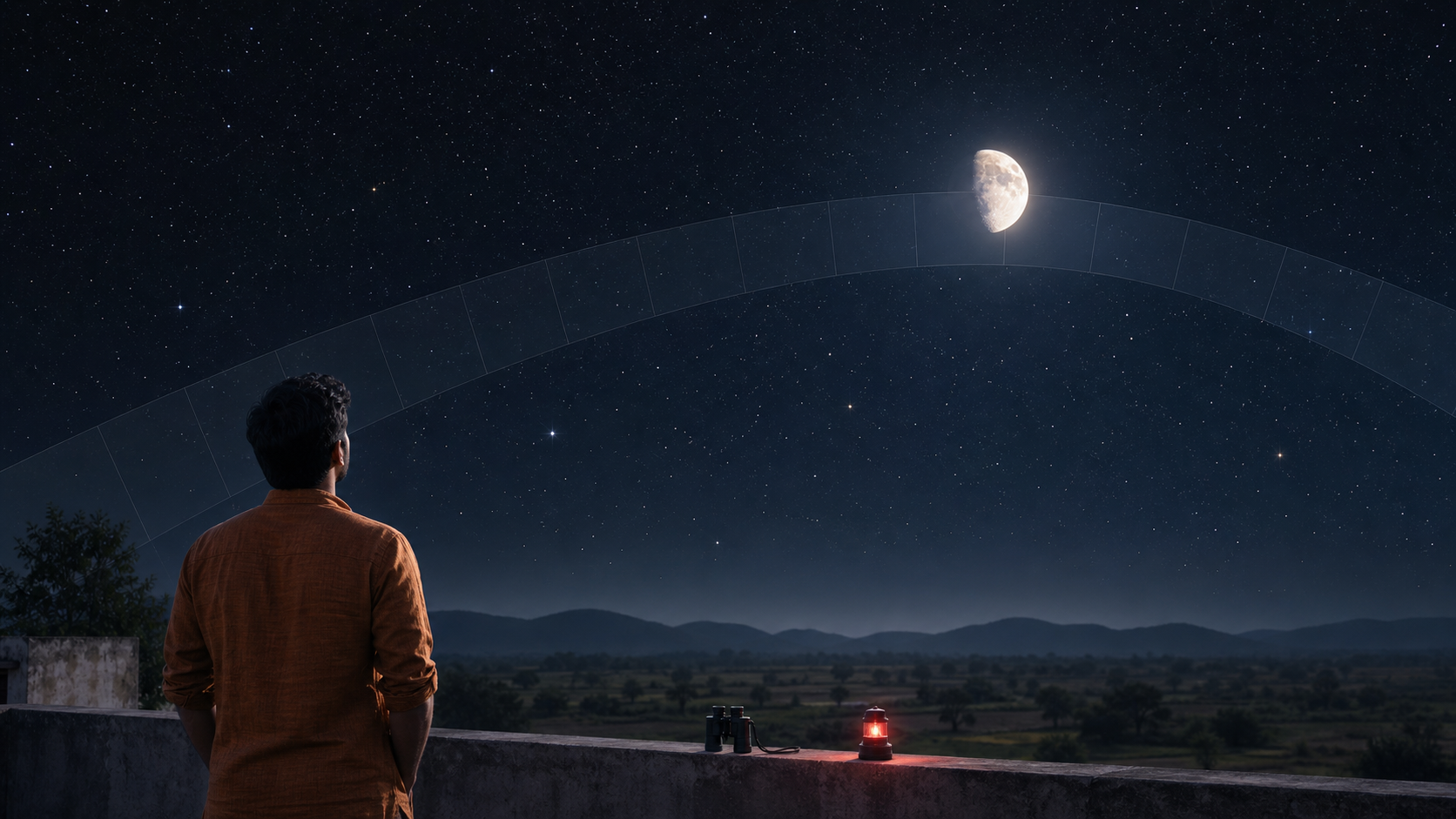A skywatcher on a rural rooftop observes the Moon and stars beneath a faintly segmented band across the night sky.