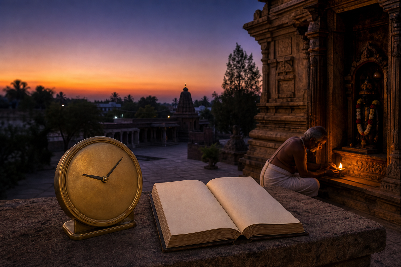 An unnumbered brass clock and an open blank almanac rest in a temple courtyard as the sky changes from sunset to dusk.