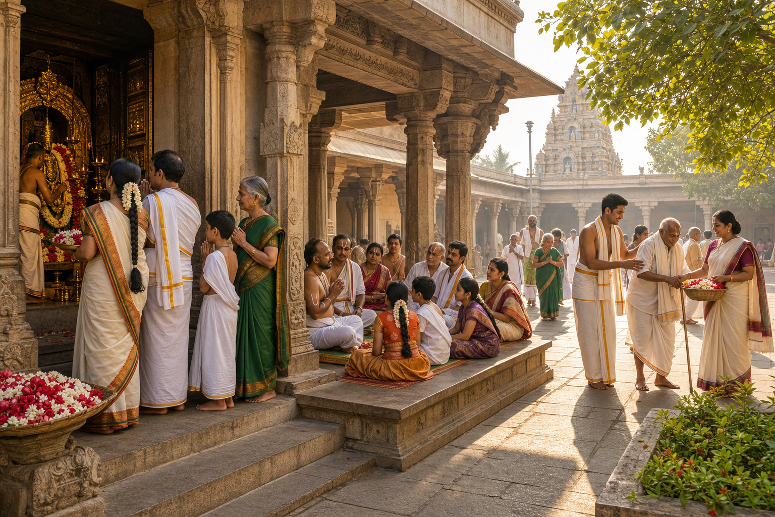 Devotees worship near a sanctuary, listen to a recitation under a colonnade, and assist pilgrims in a temple courtyard.