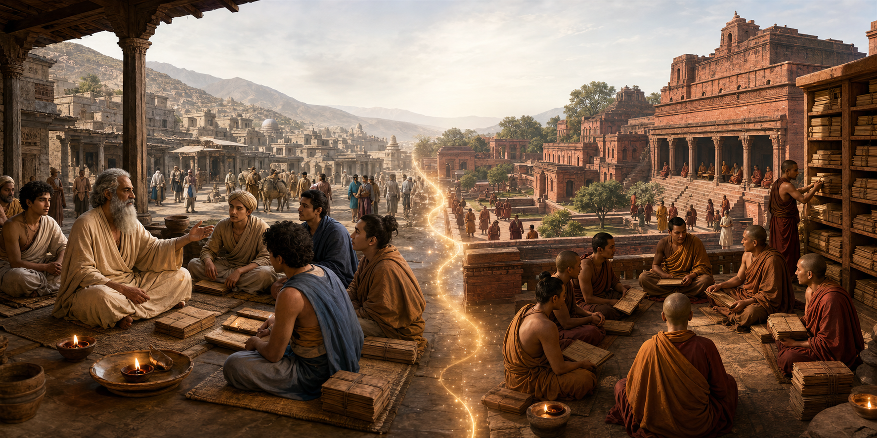 An acharya teaching a small group in ancient Takshashila is contrasted with the red-brick residential scholarly complex of Nalanda.