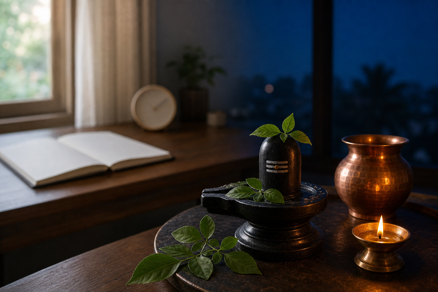 A daylight household desk appears behind a Shiva worship arrangement illuminated by an oil lamp at twilight.