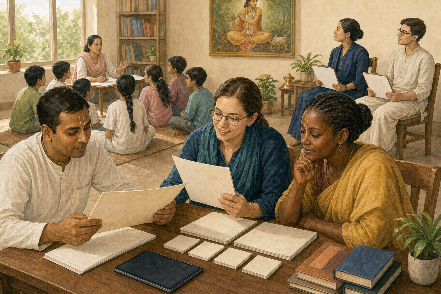 Peer educators observe a small-group lesson and review anonymized student work and assessment materials at a nearby table.