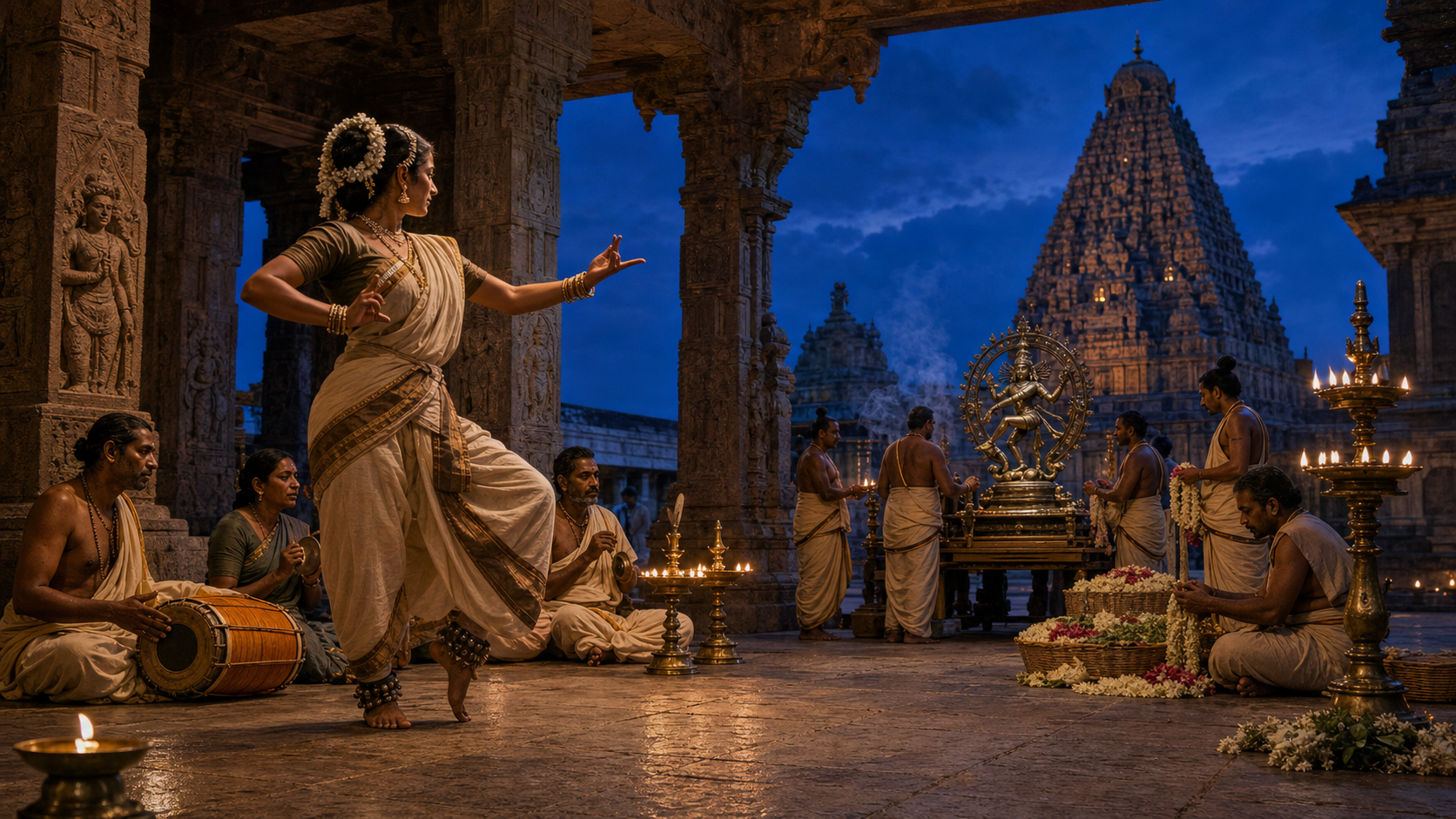 A dancer, musicians, priests, lamps, and a bronze Shiva procession share a Chola temple courtyard beneath a tall granite vimana at twilight.