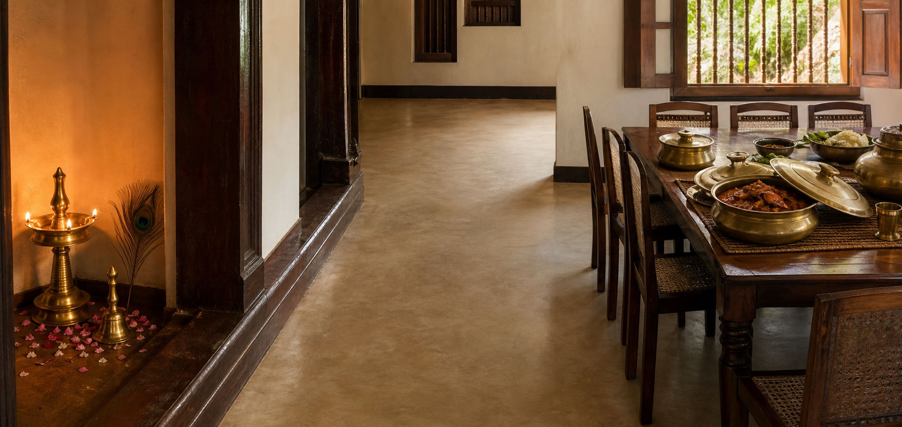 A Kerala home with a prayer alcove on one side and an everyday dining table with covered dishes on the other, separated by a wooden threshold.
