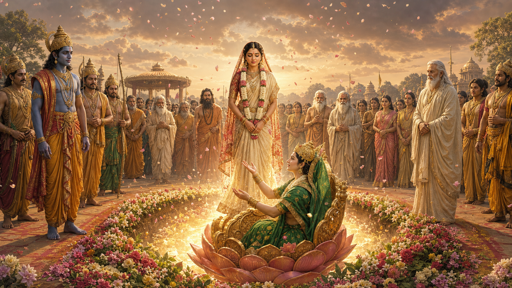 Sita stands before a royal assembly as Bhoomi Devi rises from a luminous opening in the earth to receive her on a lotus throne.