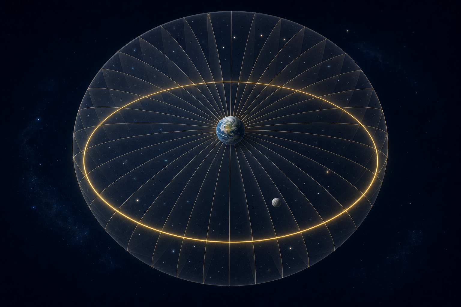A celestial sphere surrounds Earth with a glowing ecliptic ring divided into equal sectors and the Moon occupying one sector.