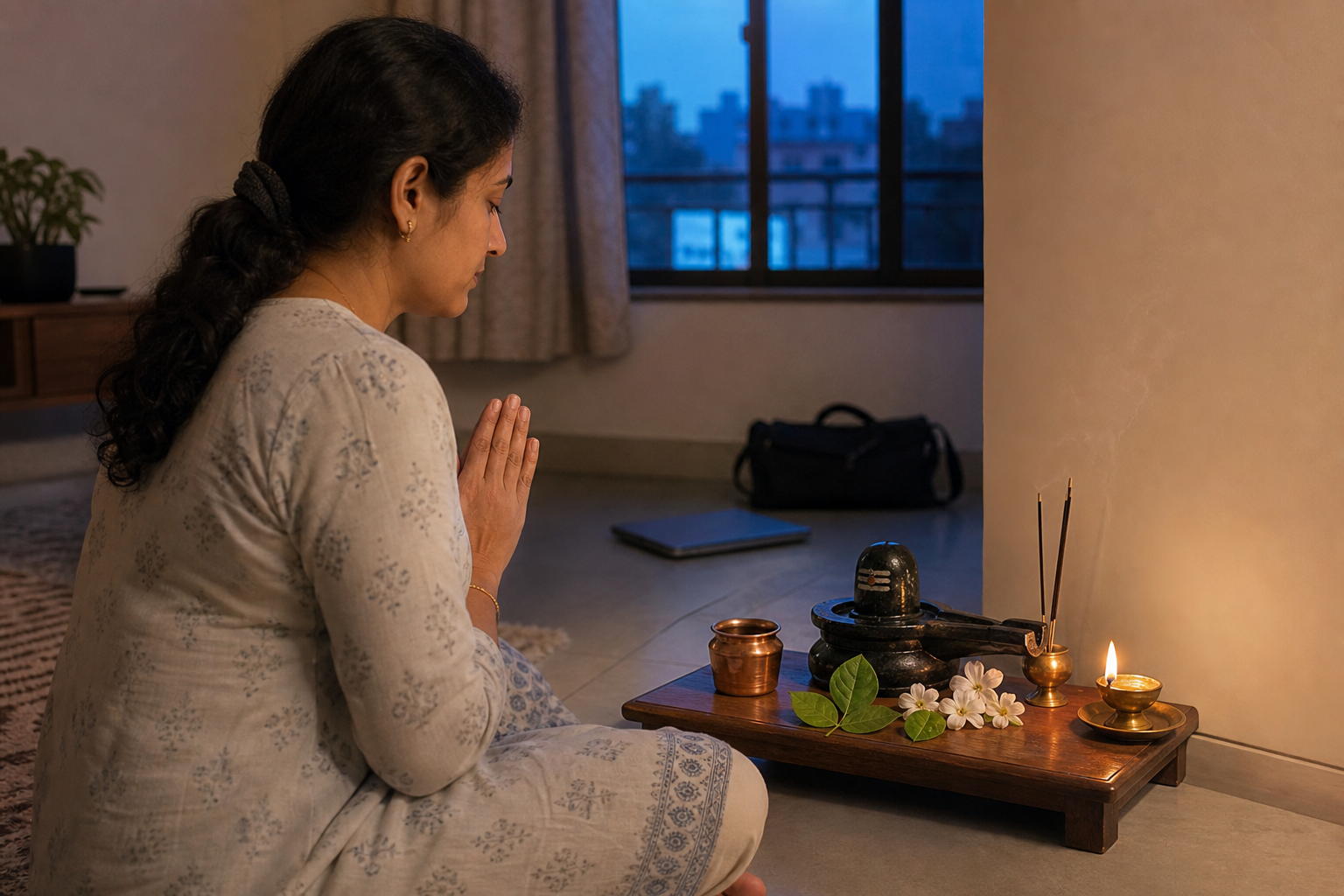 A devotee prays at a compact home Shiva shrine while a closed laptop and work bag sit in the background.