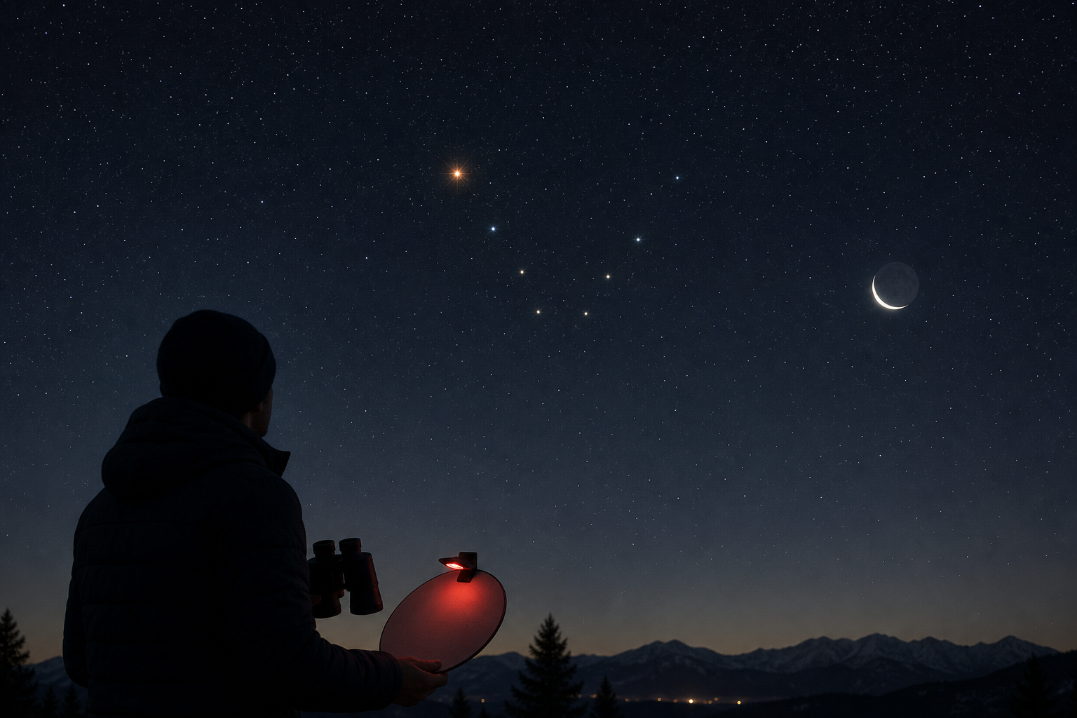 A crescent Moon appears near a prominent orange star in a V-shaped star cluster as an observer watches with binoculars.