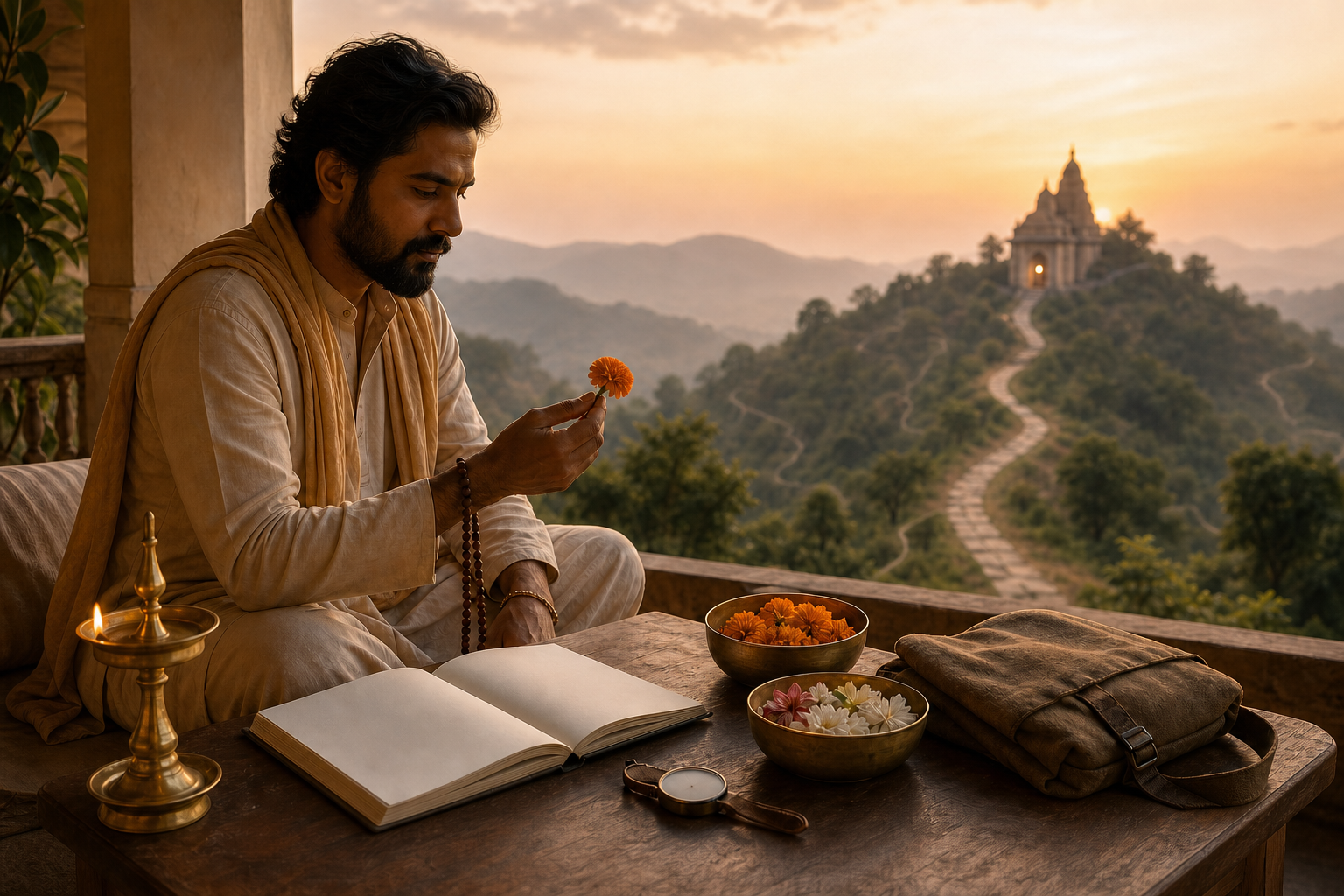 A pilgrim with prayer beads plans quietly beside a blank notebook as one path leads toward a distant temple.