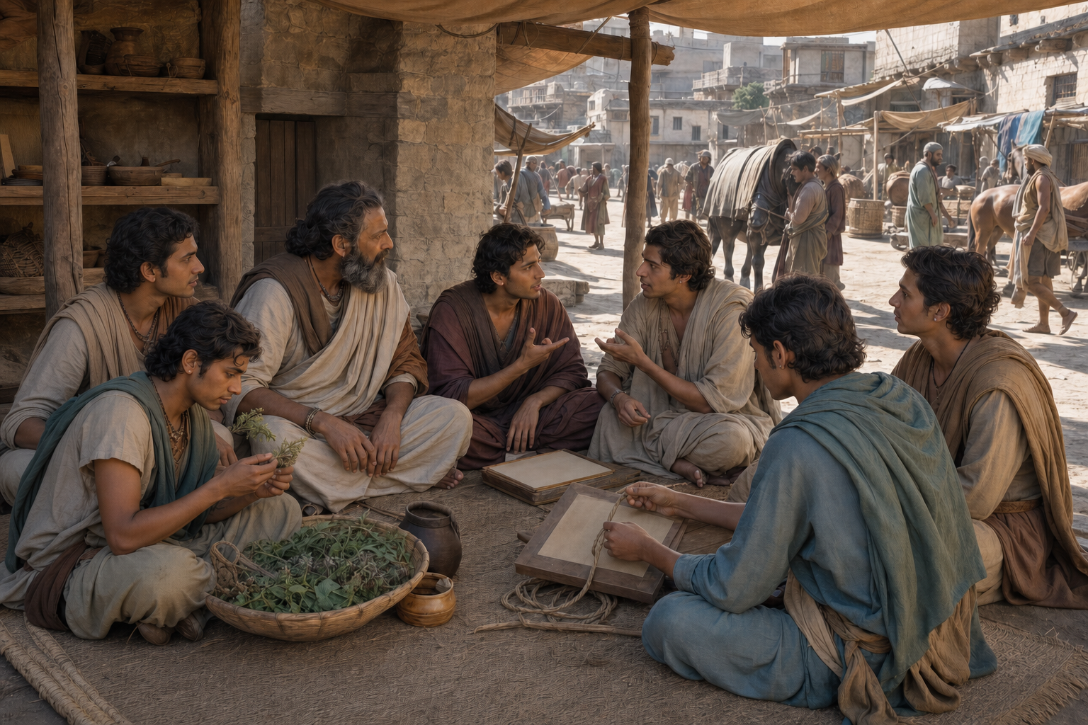 An acharya teaches six students through discussion and practical exercises in a courtyard beside a busy street in ancient Takshashila.