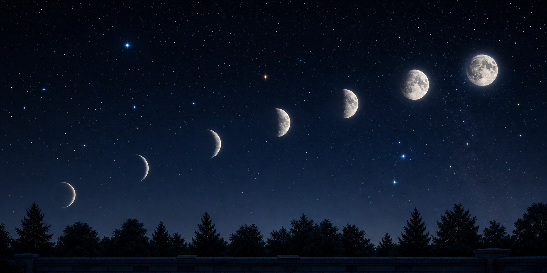 Seven nightly views show the Moon changing position and phase against the same fixed stars above a rooftop horizon.