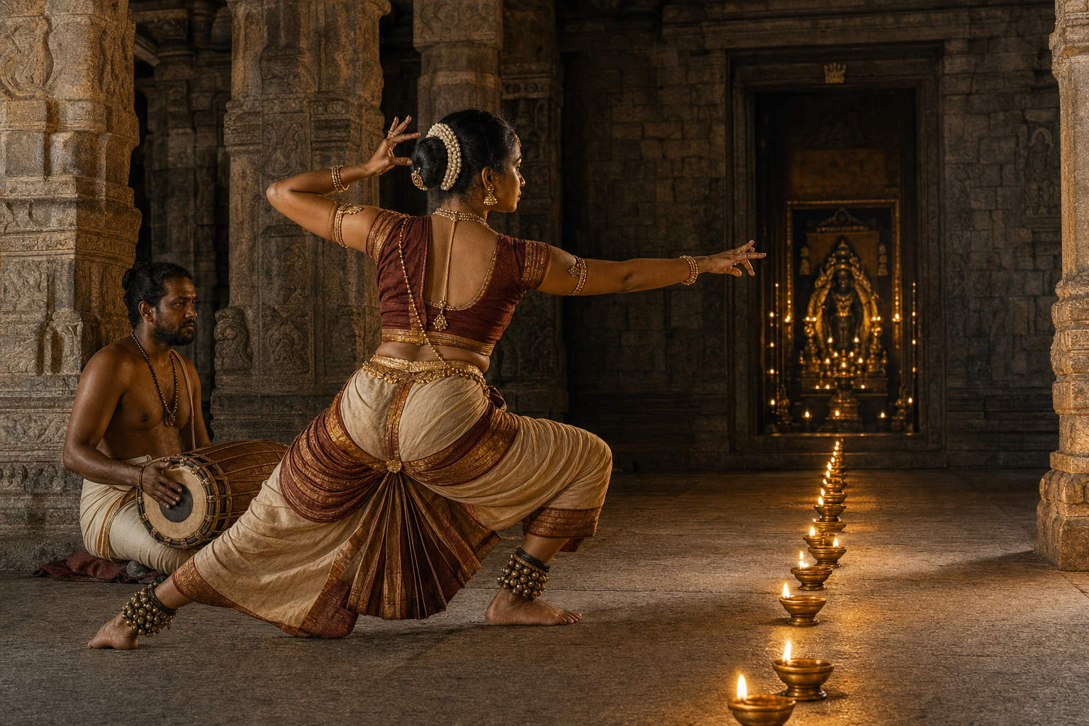 A dancer holds a low, balanced stance before a temple shrine while a seated drummer keeps rhythm beside rows of oil lamps.
