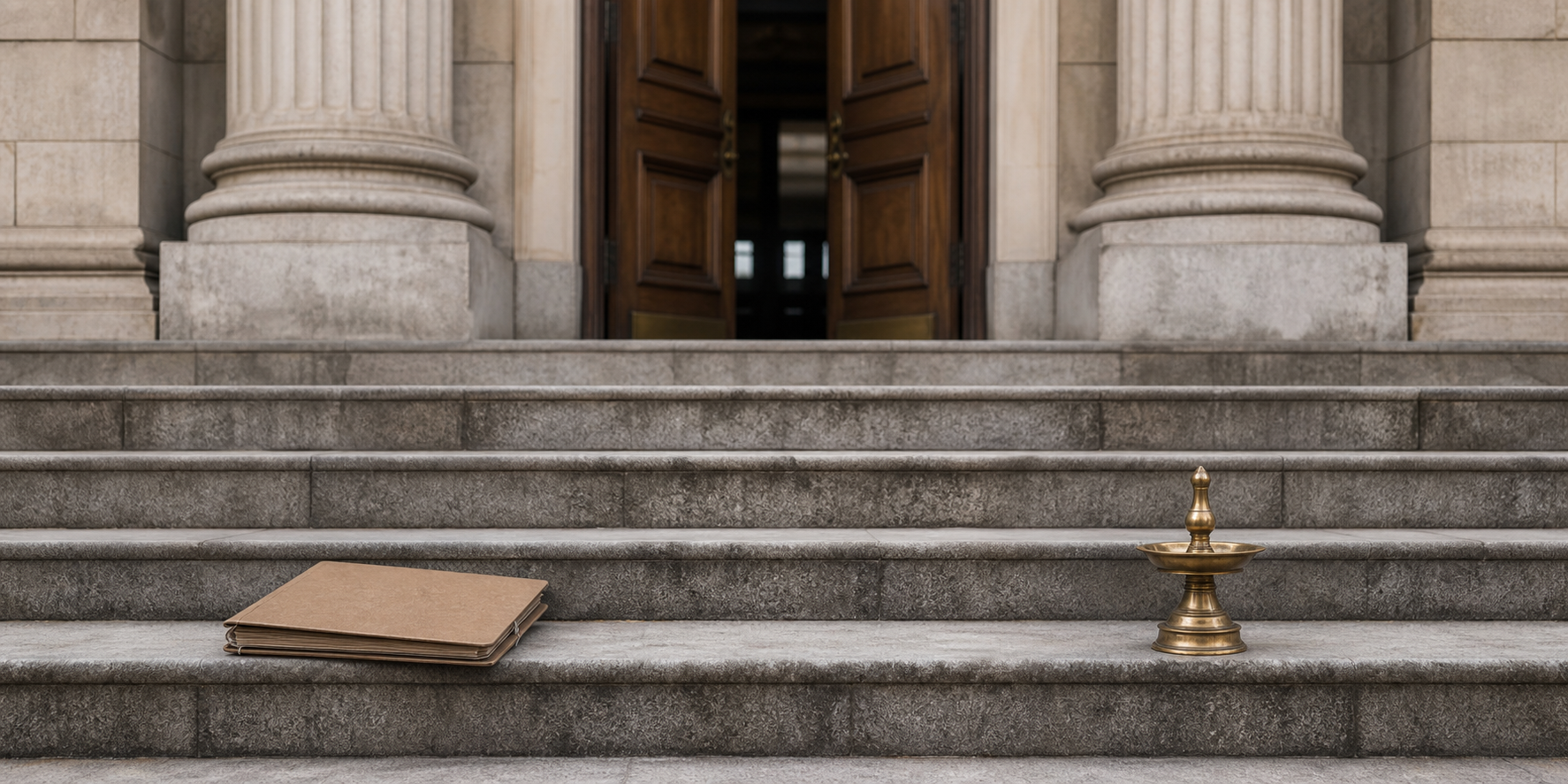 An unmarked case file and a brass lamp rest on opposite sides of courthouse steps leading to partly open doors.