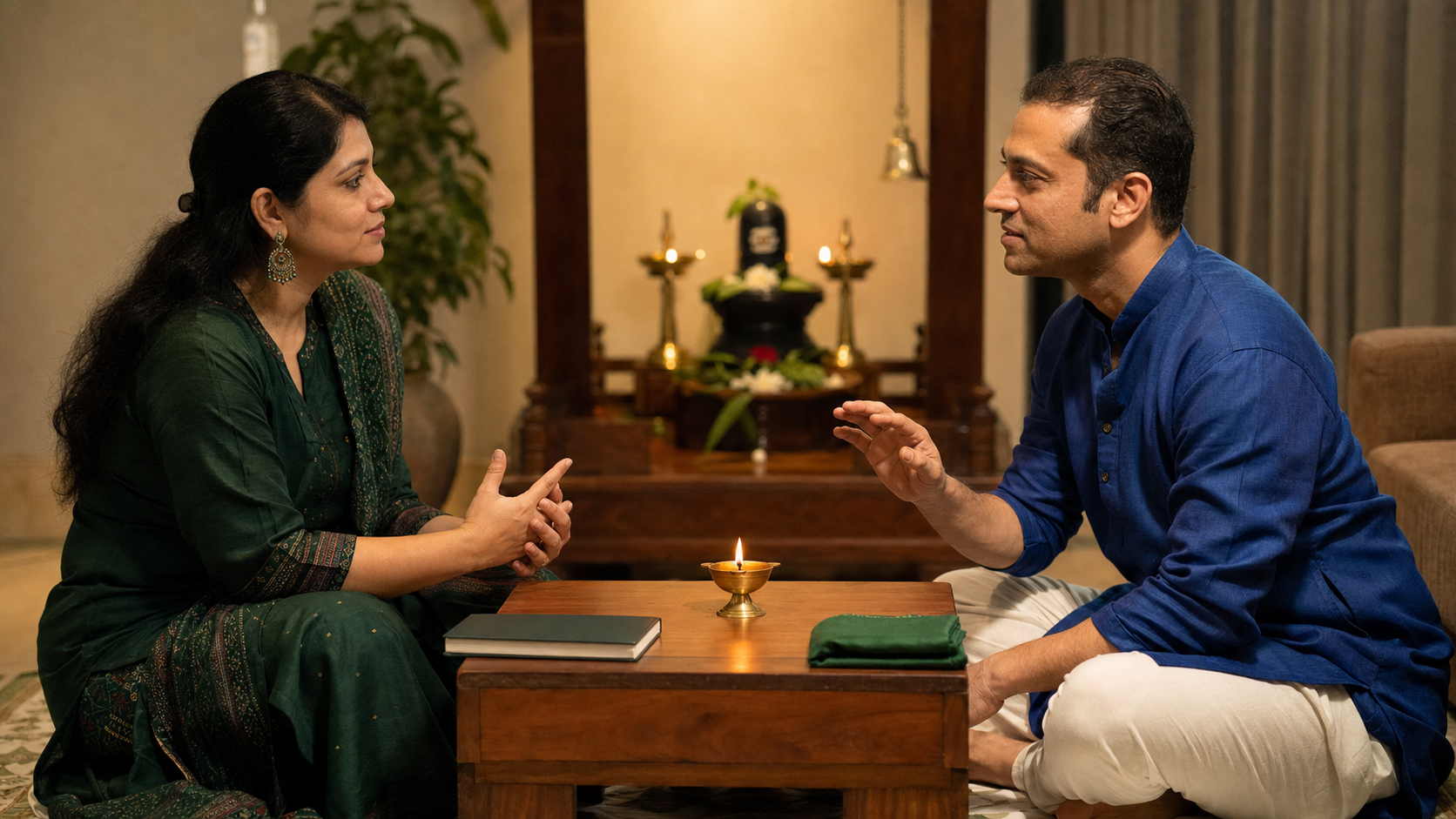 Two family members have a calm conversation beside a brass oil lamp, with a small Shiva shrine visible behind them.