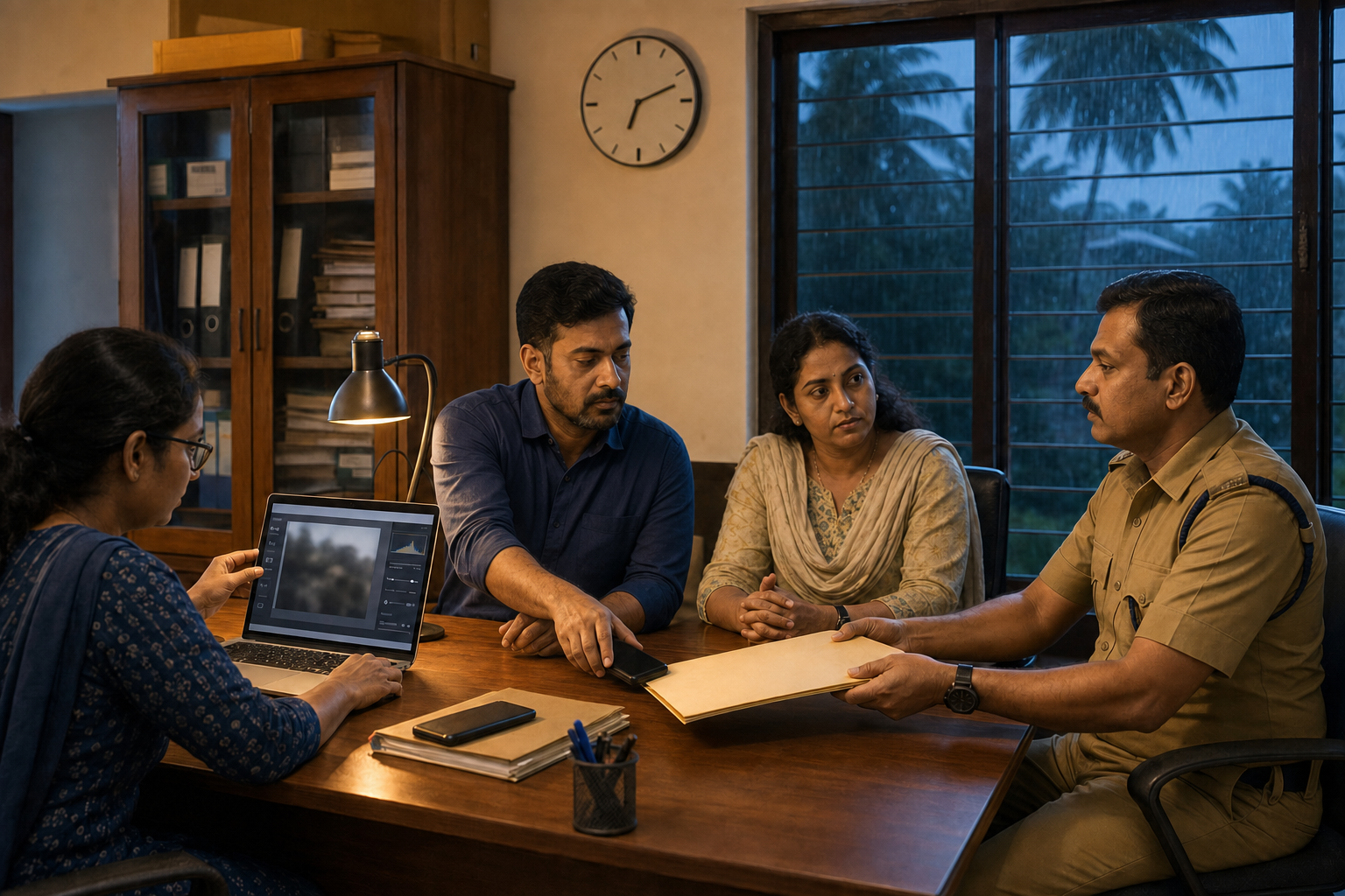 A small team in a Kerala community office documents an online image, stops further sharing, and calmly briefs a public-safety official.