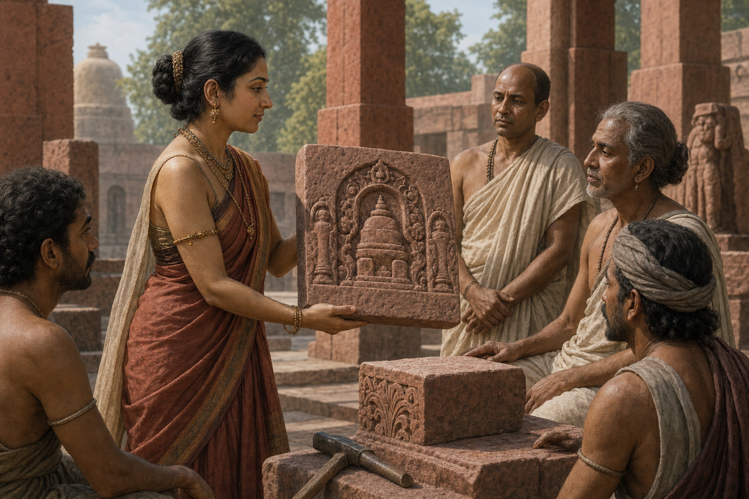 A woman presents a carved red-sandstone votive tablet to attendants in an ancient Mathura shrine court.