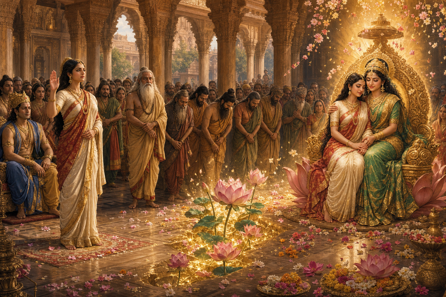 A continuous scene shows Sita making a public vow, the earth responding with light, and Bhoomi Devi receiving her before the assembled witnesses.