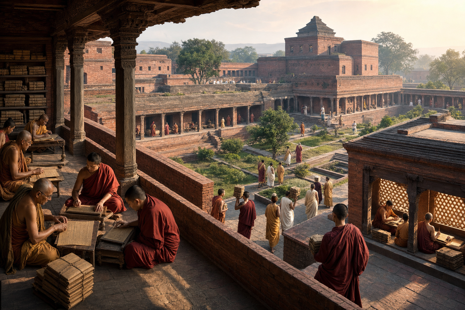 Scholar-monks and visiting students study, copy manuscripts, and cross the red-brick courtyards of the residential Nalanda complex.