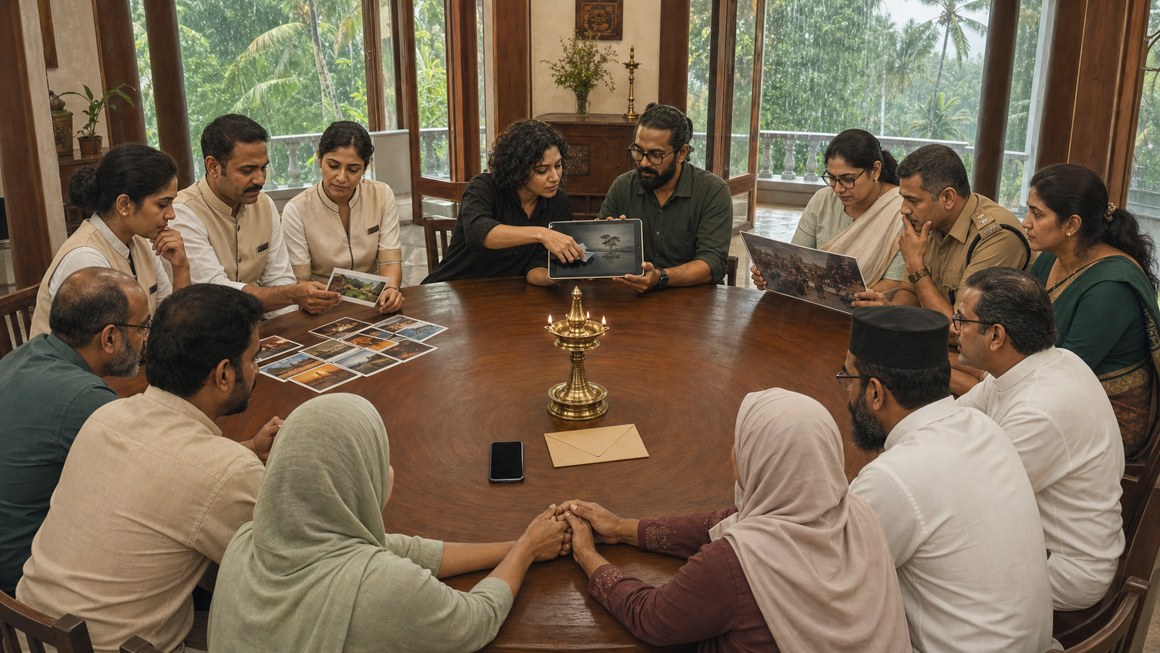 Hospitality workers, creative staff, public officials, and interfaith representatives meet around a circular table in a Kerala civic hall.