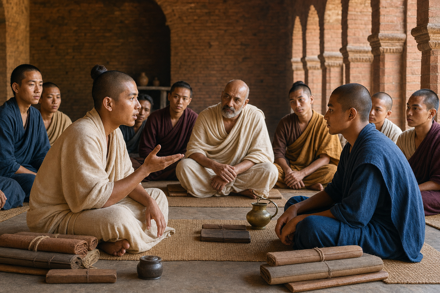 Two students conduct a calm formal debate before a teacher and an attentive circle of peers in a brick learning hall.