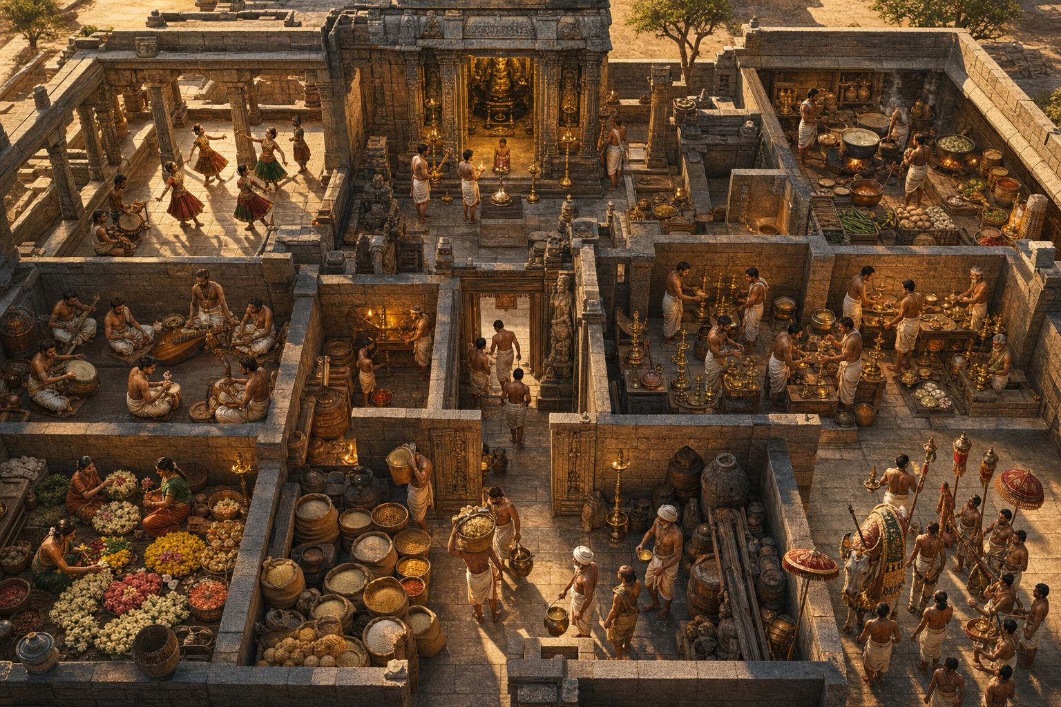 Dancers, musicians, cooks, flower workers, attendants, artisans, and priests carry out connected duties across a Chola temple complex.