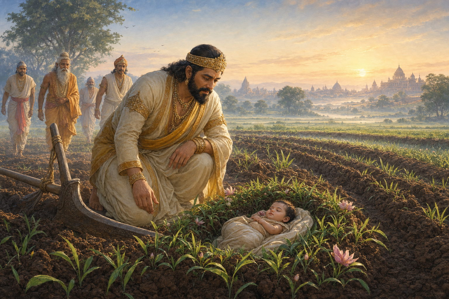 King Janaka discovers the infant Sita resting safely in a furrow during the ceremonial ploughing of a field in Mithila.