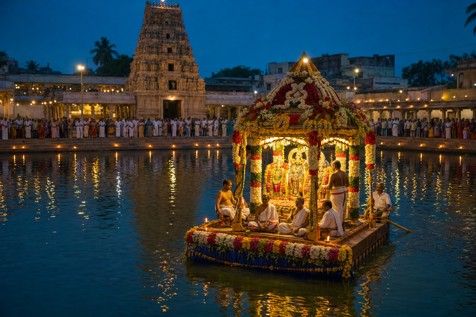 An illuminated ceremonial float crosses the Devuni Kadapa temple tank at twilight while devotees watch from the water's edge.