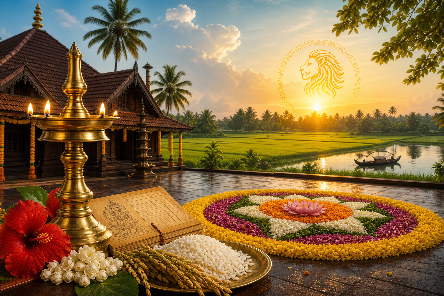 Chingam 1 Malayalam New Year sunrise in Kerala with nilavilakku, pookalam, rice, jasmine, temple, paddy fields, and Leo sun motif