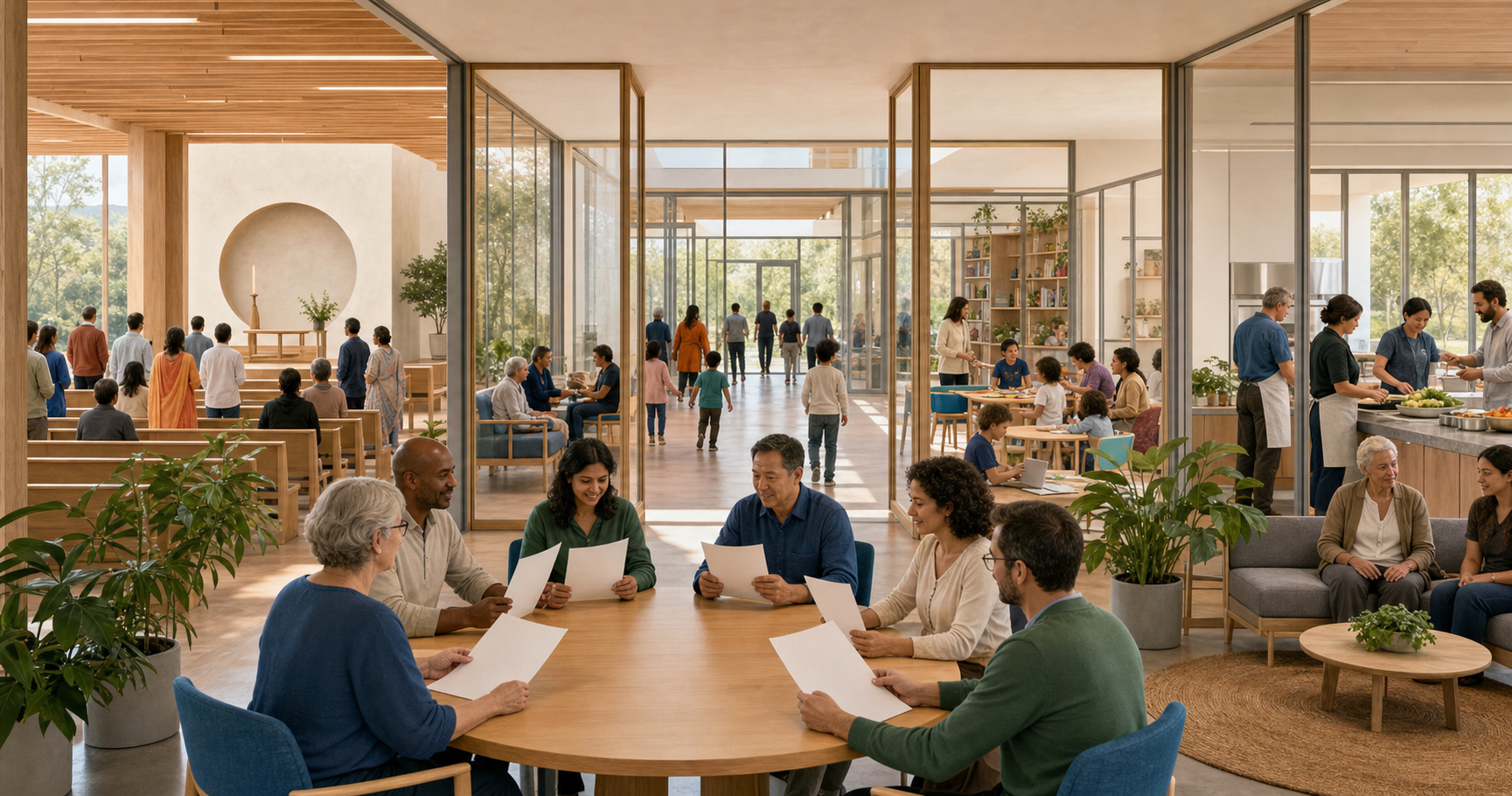 People coordinate administration and community services inside a connected, light-filled complex with meeting, teaching, worship, and food-service spaces.