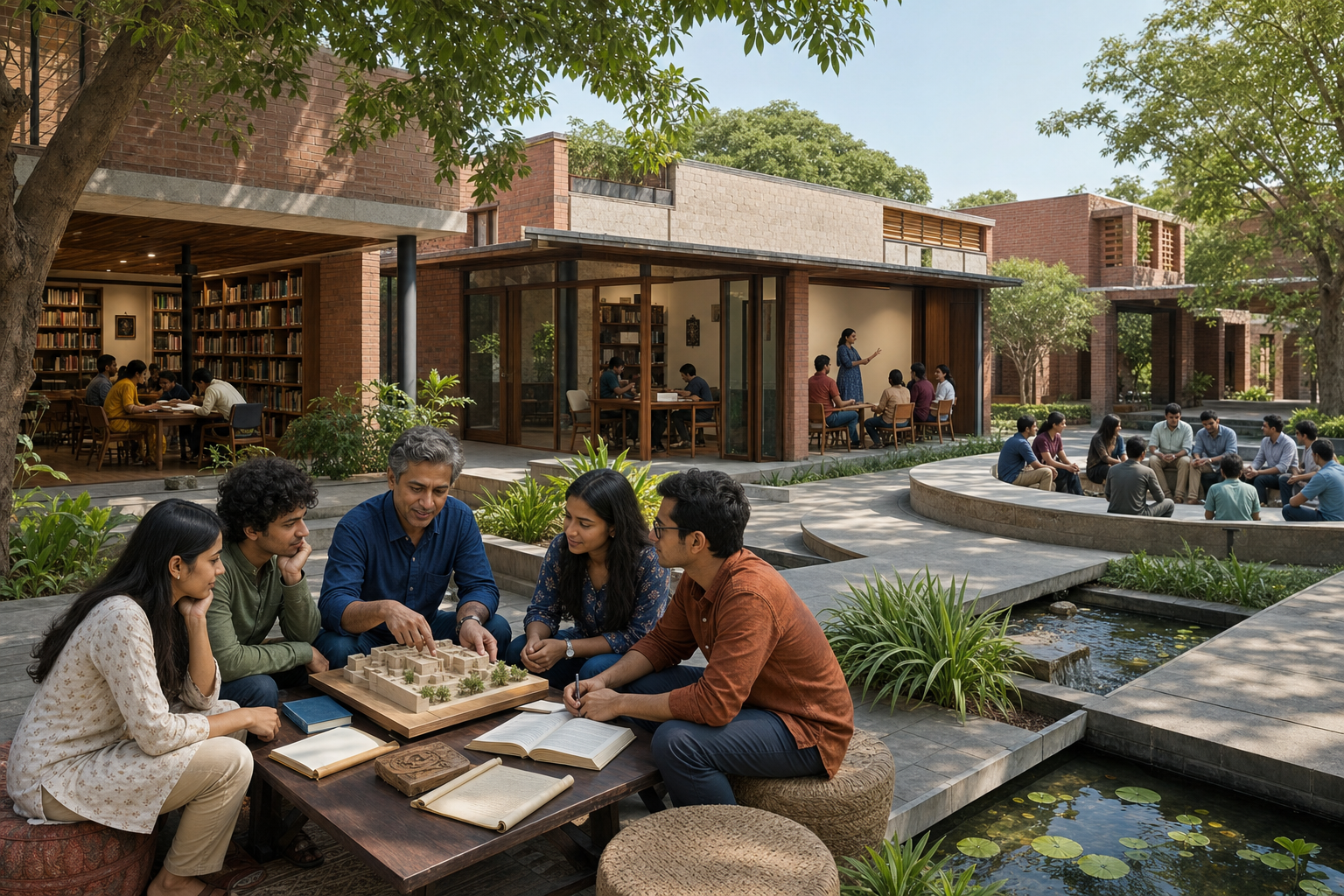 A modern brick courtyard campus combines close mentor-led study with a library, research rooms, language learning, and a circular debate space.
