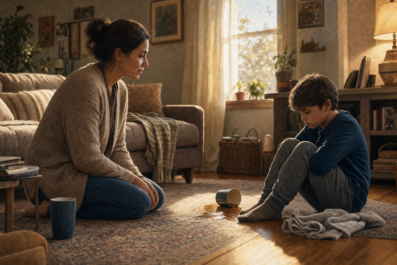 A parent kneels at eye level near an upset child and a spilled cup in a softly lit family room.