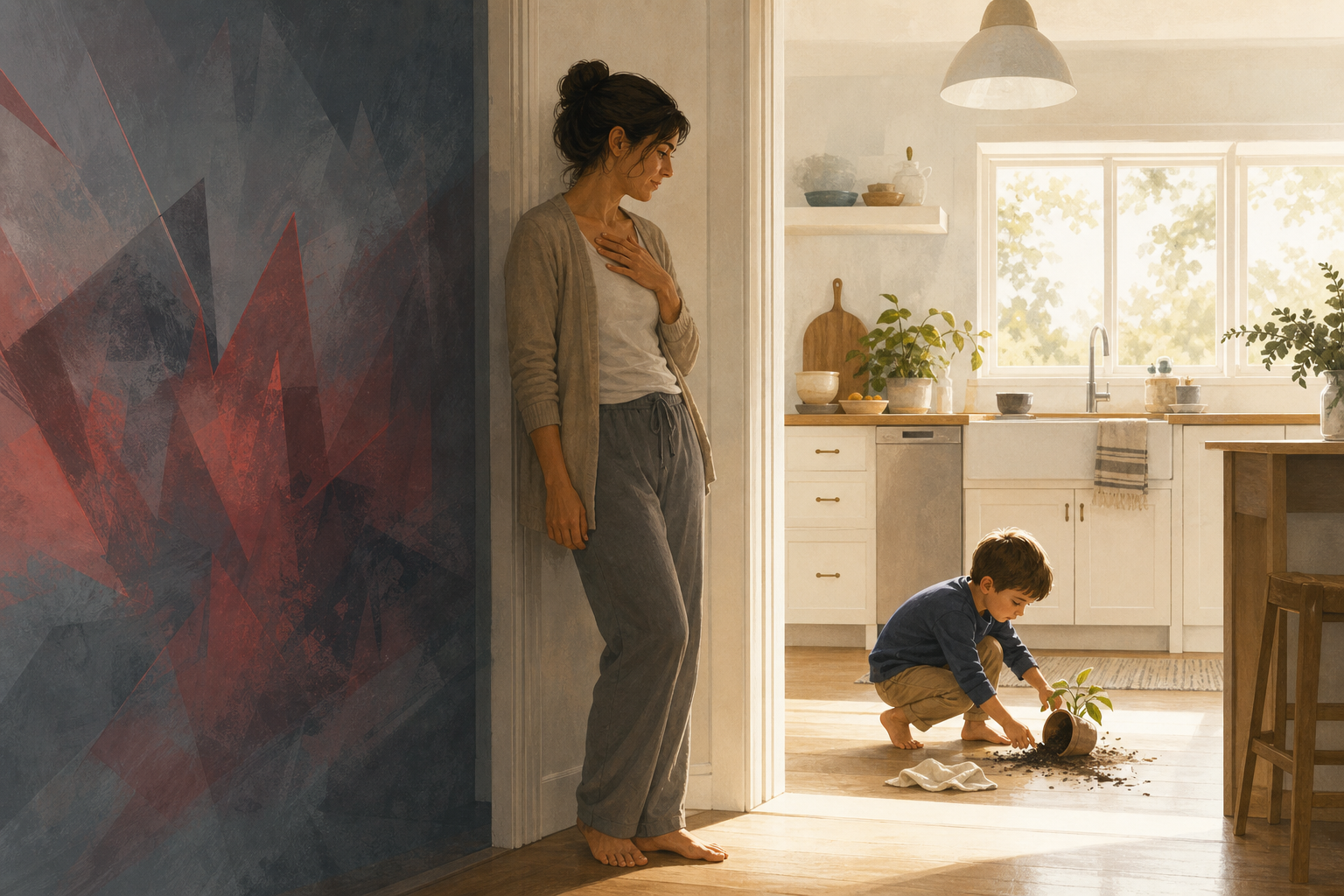 A parent pauses and grounds themself while looking at a child beside a small kitchen mess, with an abstract dark shadow behind the parent.