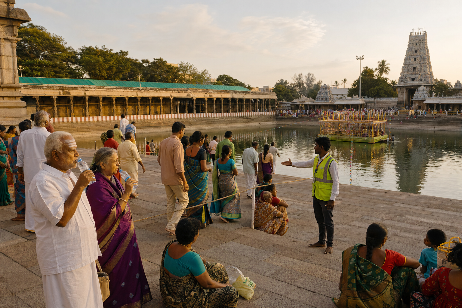 Pilgrims arrive beside the temple tank in late-afternoon light, drink water, and choose viewing places before the ceremony.