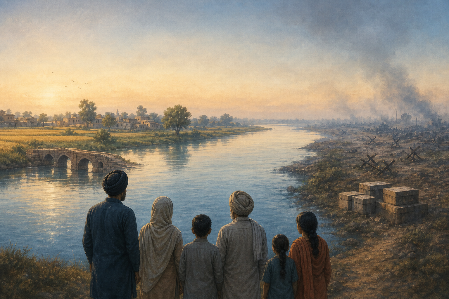 The Satluj River runs between Punjabi farmland and weathered remnants of past conflict as residents of different generations stand together on the bank at dawn.